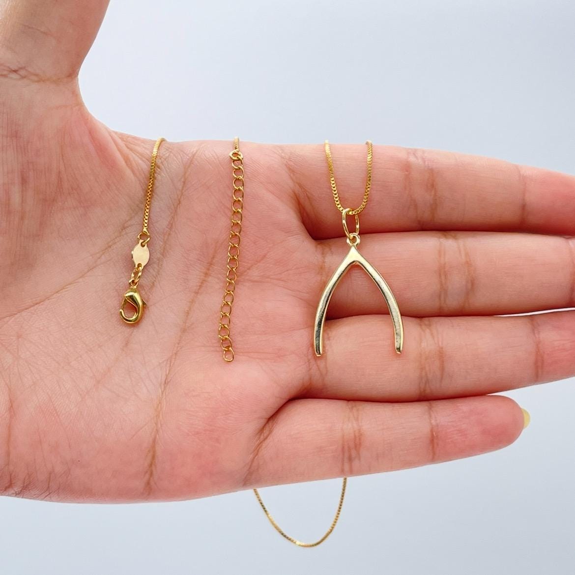 18k Gold Filled Box Chain Necklace With Minimalistic Luck Bone Pendant Design, Wishbone