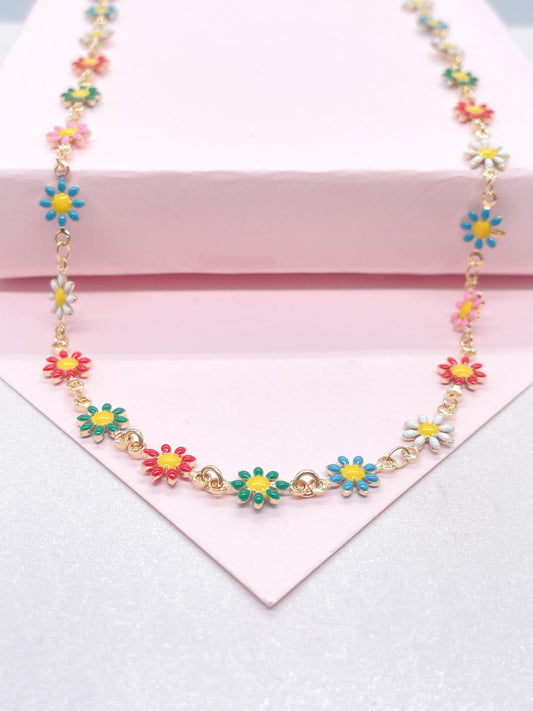 18k Gold Filled Enamel Flower Necklace: Colorful Summer Jewelry