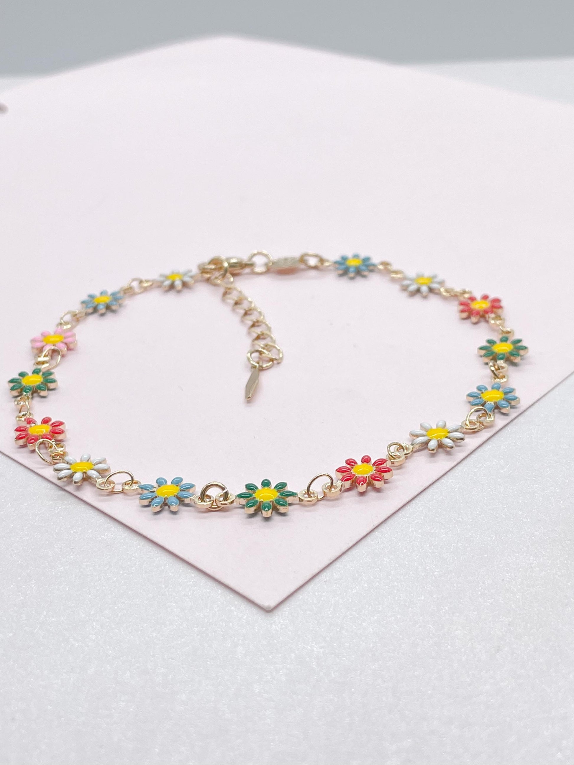 18k Gold Filled Colorful Enamel Multicolored Flower-Patterned Anklet, Summer Jewlery Nature Jewlery, For Her, For Girl