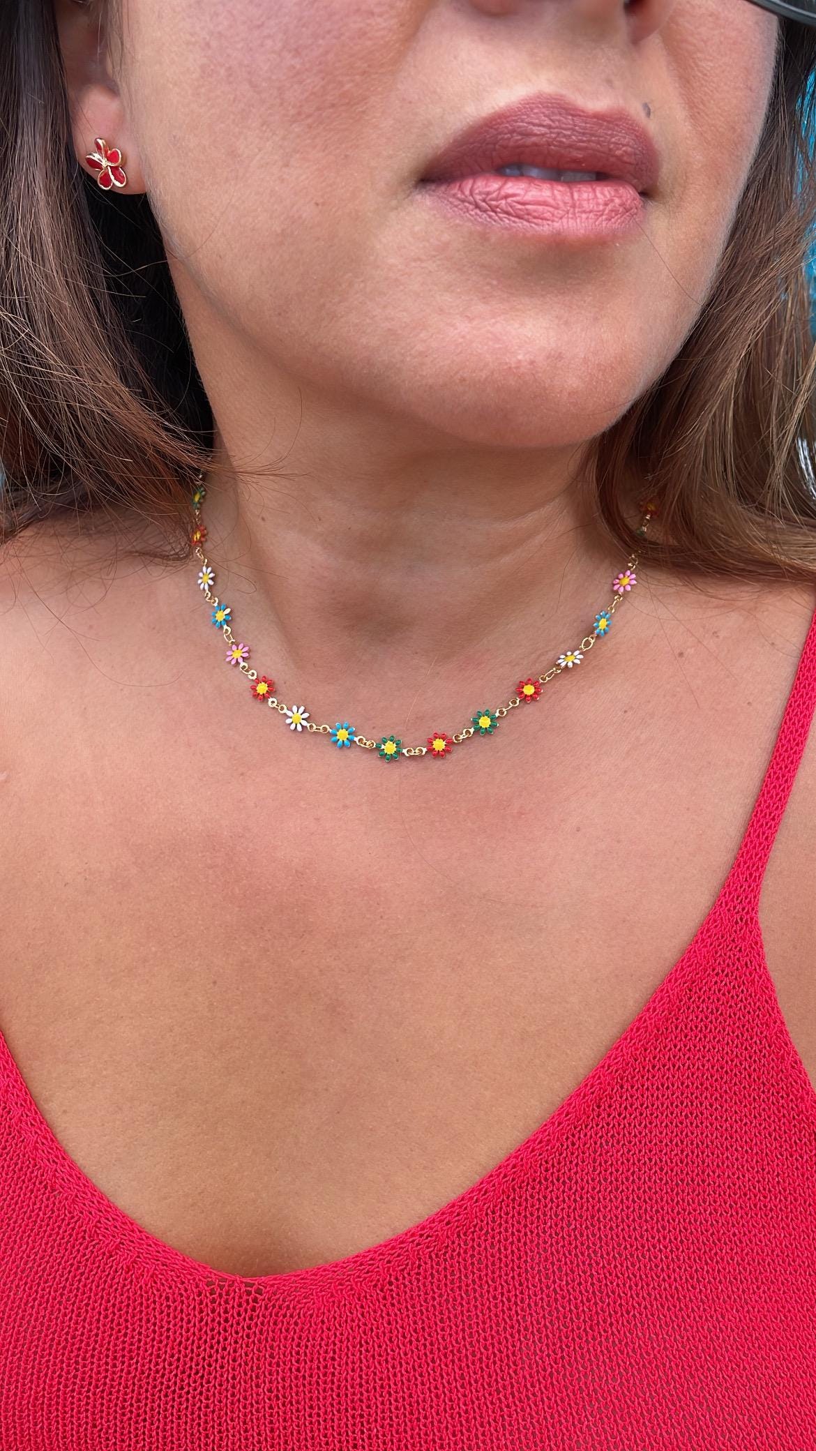 18k Gold Filled Colorful Enamel Multicolored Flower-Patterned Necklace, Summer Jewlery Nature Jewlery, For Her, For Girl