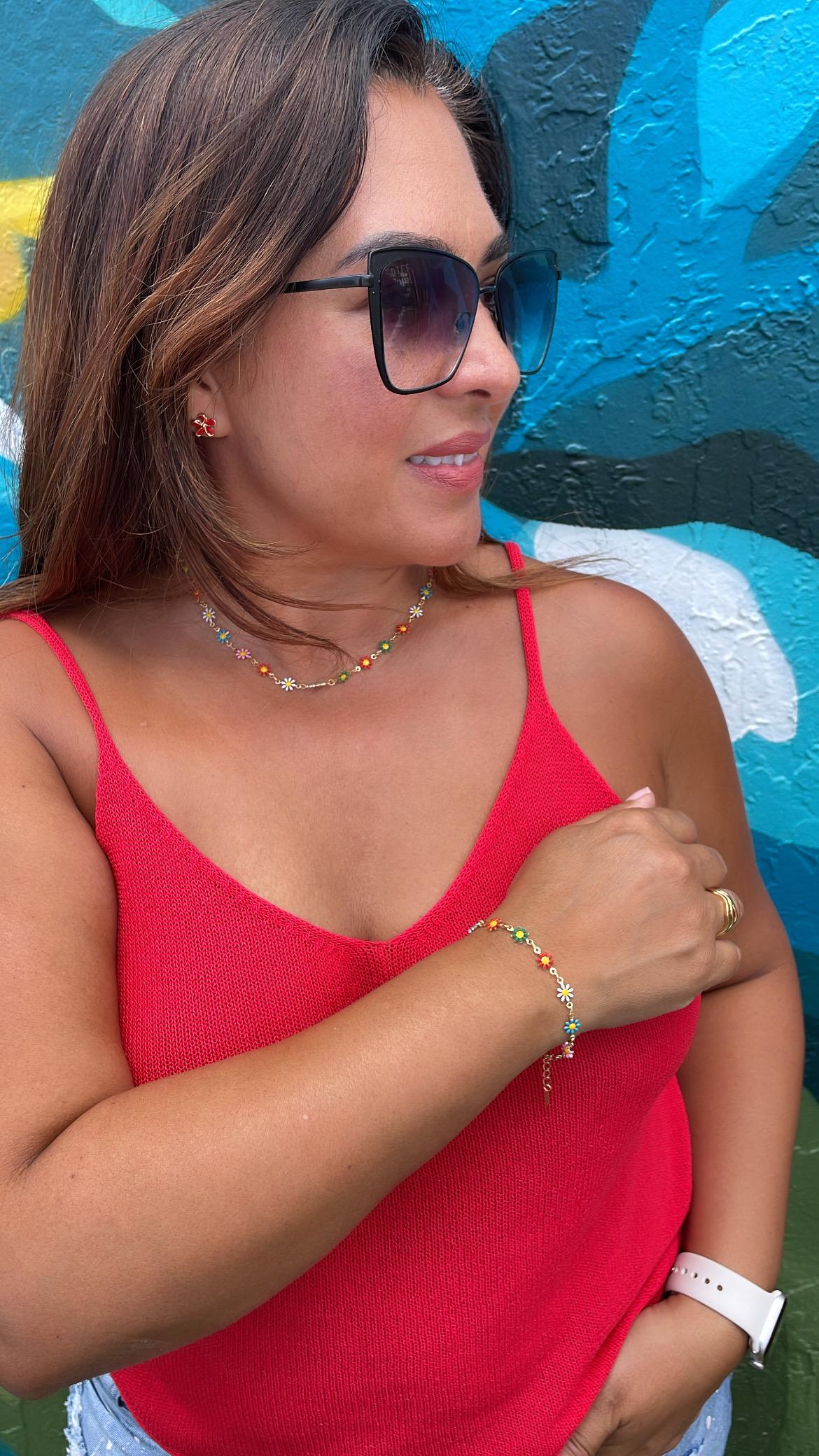 18k Gold Filled Colorful Enamel Multicolored Flower-Patterned Necklace, Summer Jewlery Nature Jewlery, For Her, For Girl