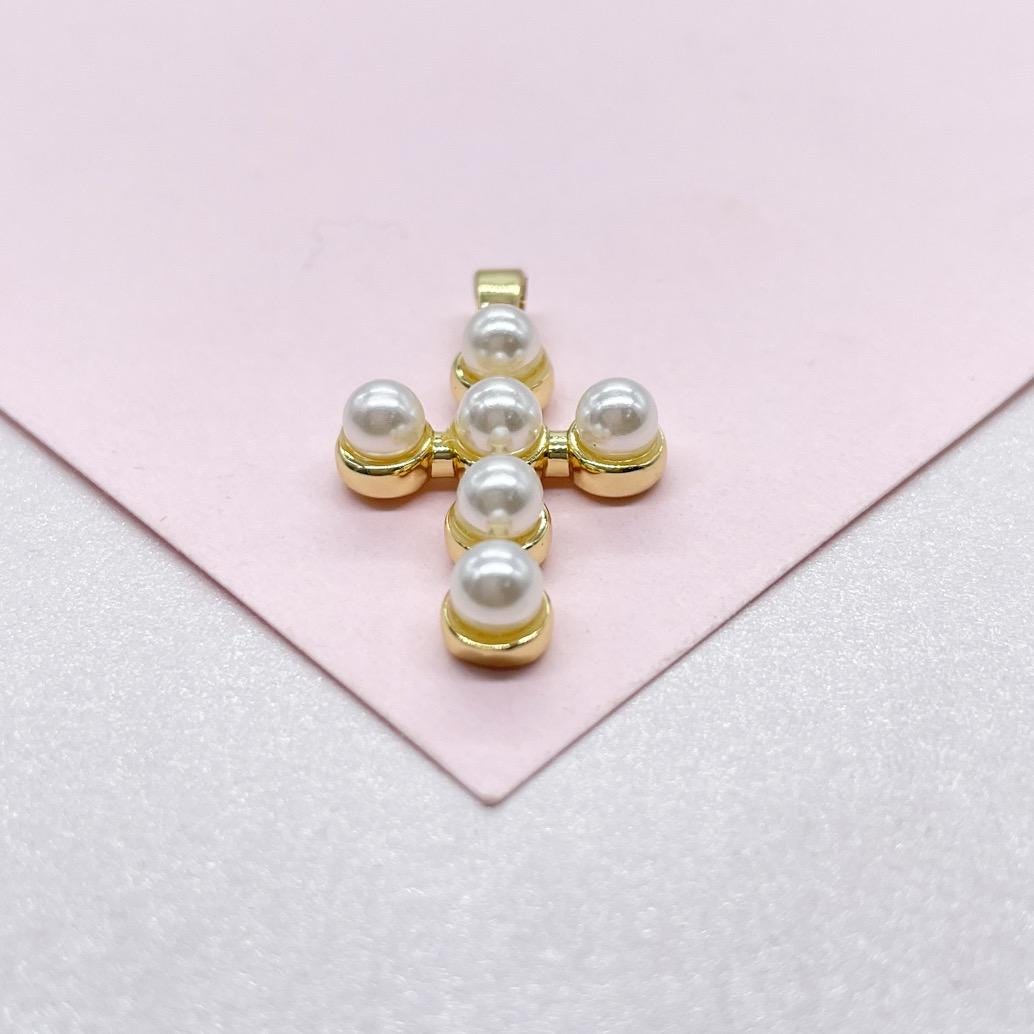 18k Gold Filled Beaded Pearl Cross Pendant