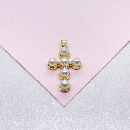 18k Gold Filled Beaded Pearl Cross Pendant