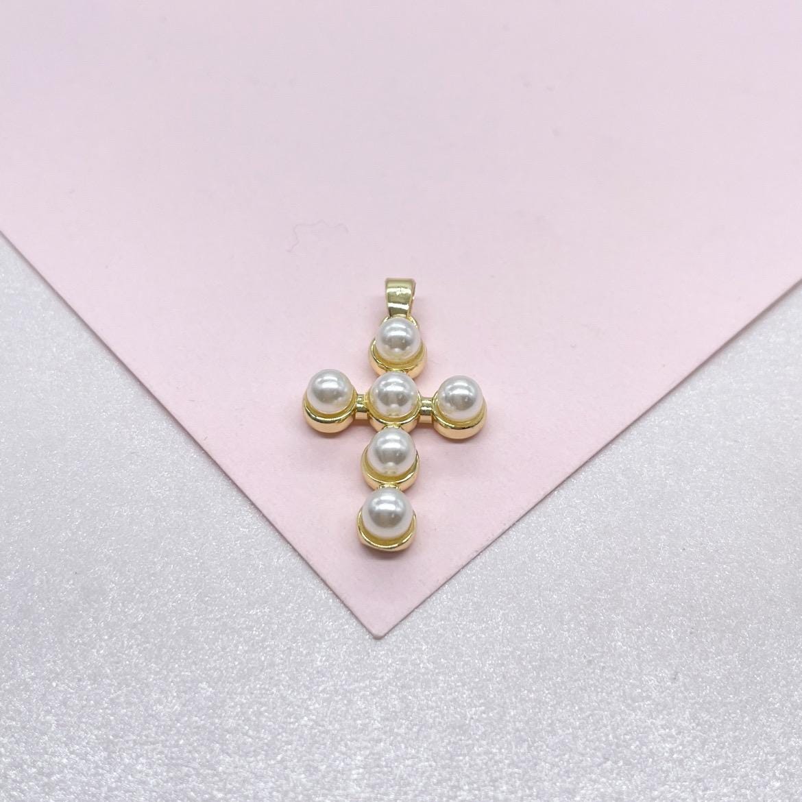 18k Gold Filled Beaded Pearl Cross Pendant