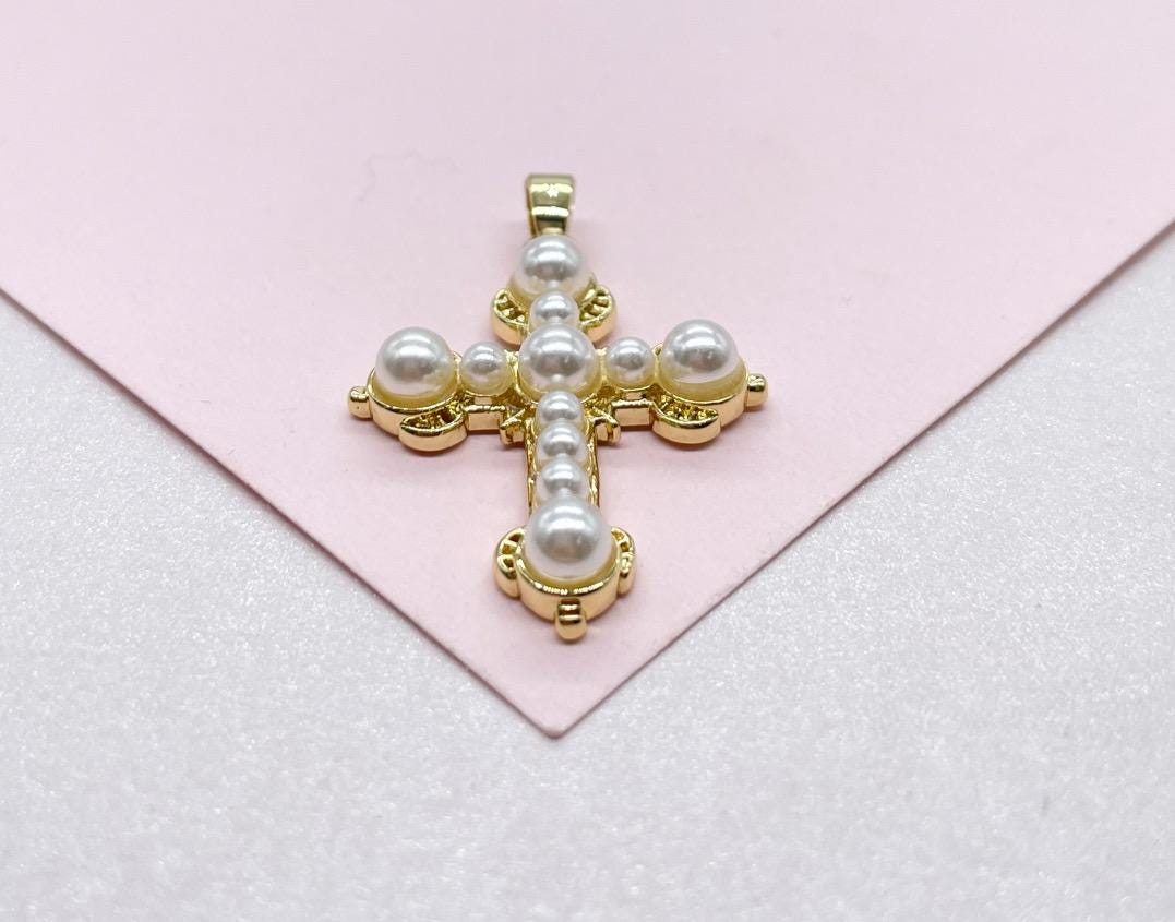 18k Gold Filled Faux all around Pearl Style Cross Pendant
