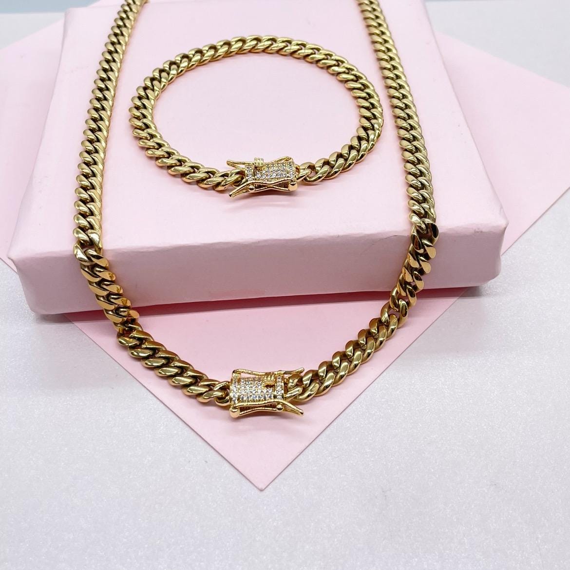 14k Gold Filled 6mm Thick Cuban Curb Link Chain Necklace Featuring Special CZ Box Clasp, Available in Bracelet