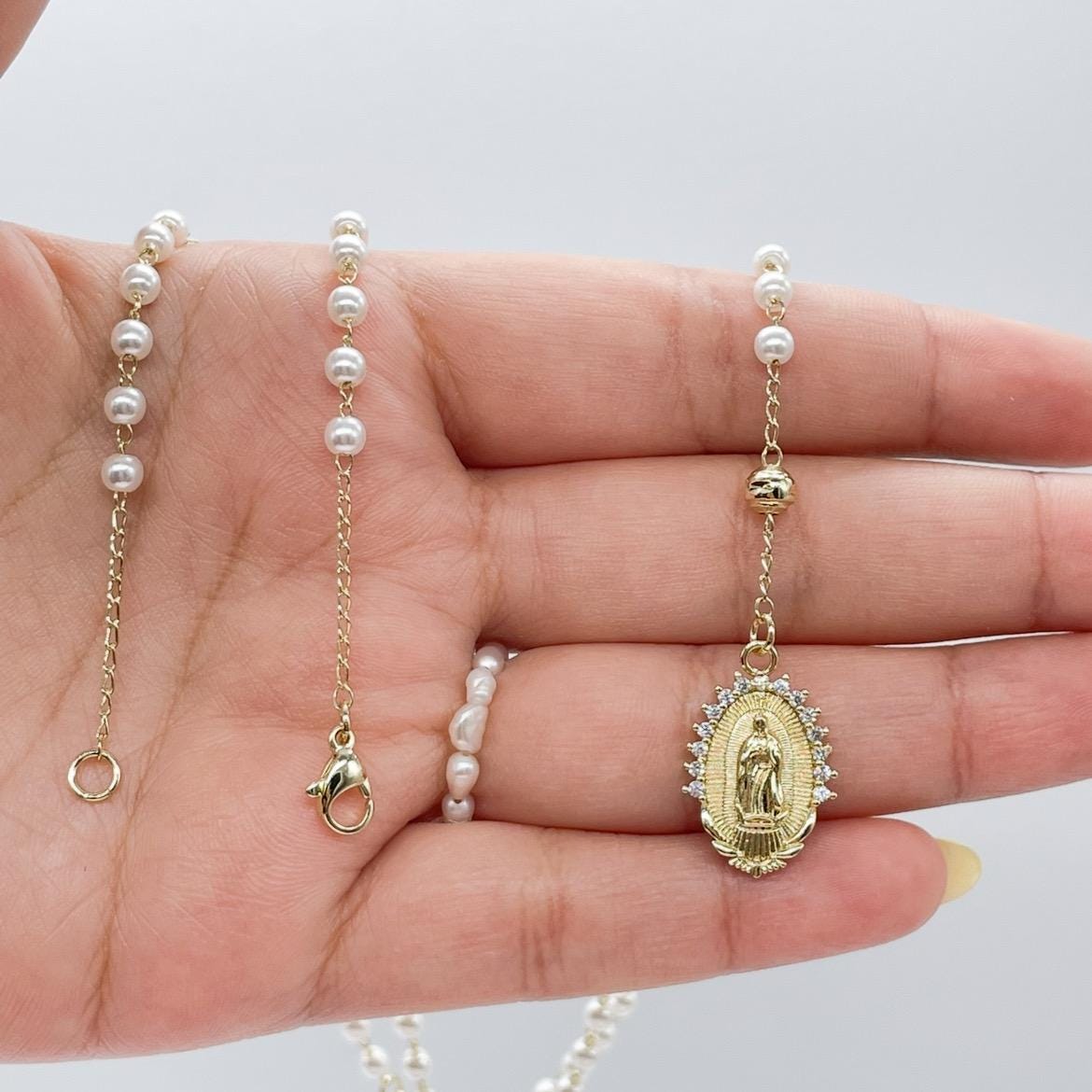 18k Gold Filled White Simulated Pearl Beaded Rosary With Hearts and Small Lady of Grace Medal