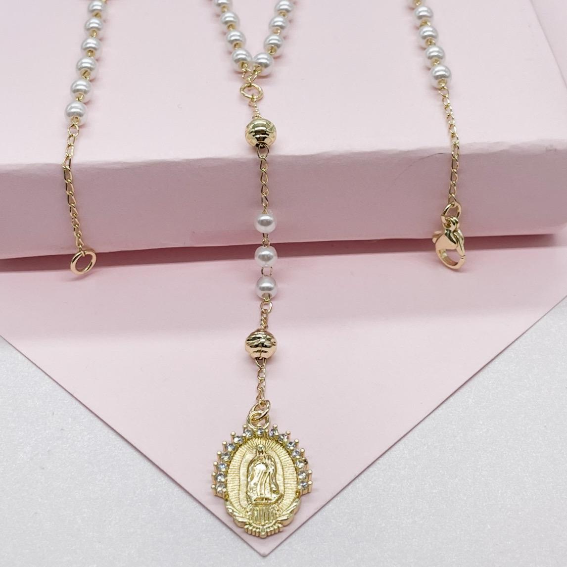 18k Gold Filled White Simulated Pearl Beaded Rosary With Hearts and Small Lady of Grace Medal