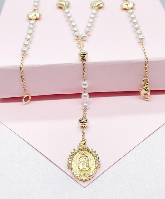 18k Gold Filled White Simulated Pearl Beaded Rosary With Hearts and Small Lady of Grace Medal