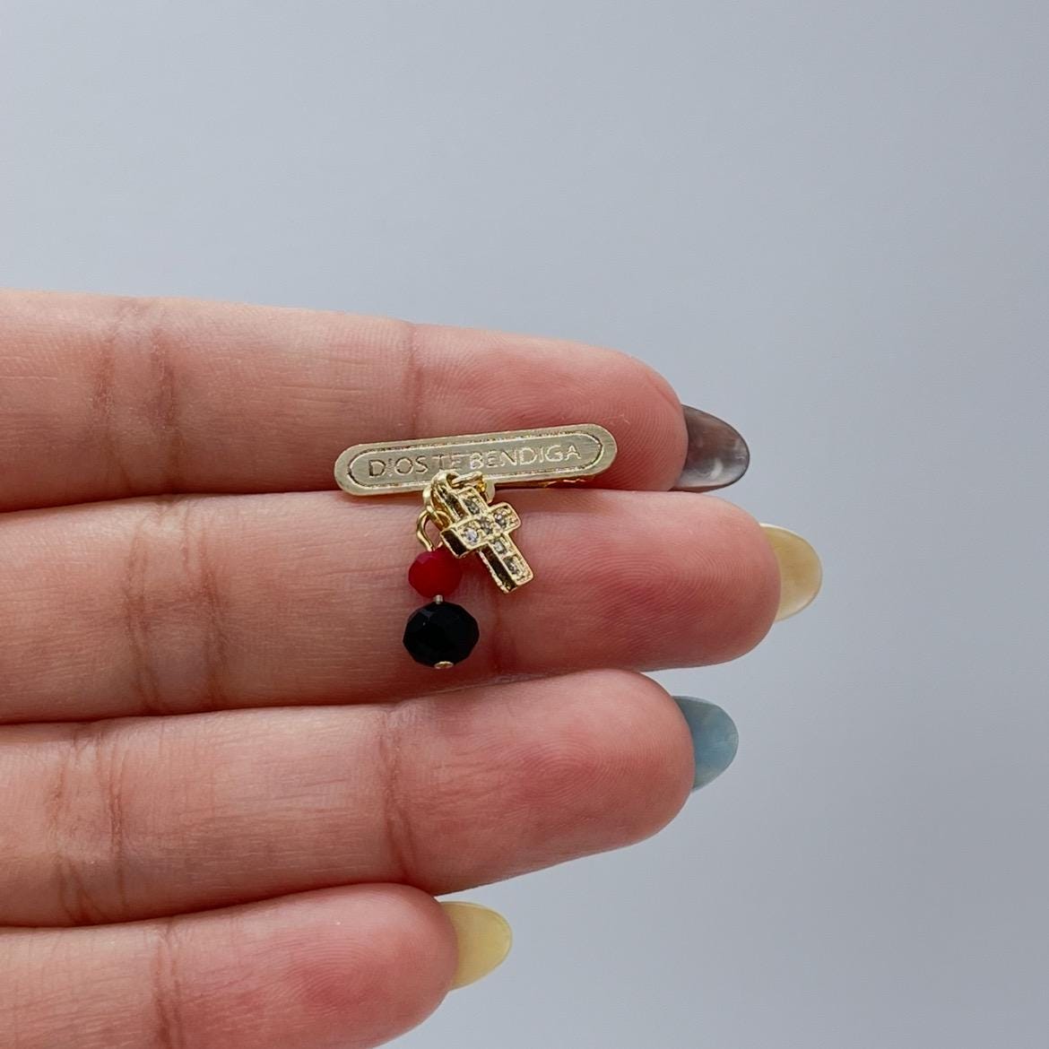 18k Gold Filled "Dios Te Bendiga" Broche with Simulated Azabache Stone and Mini CZ Cross
