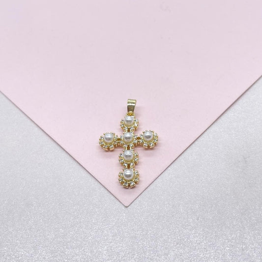 18k Gold Filled Beaded Pearl Cross Pendant Crowned with Pave CZ