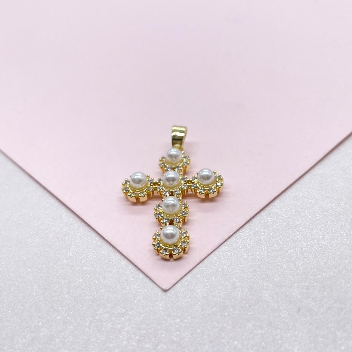 18k Gold Filled Beaded Pearl Cross Pendant Crowned with Pave CZ