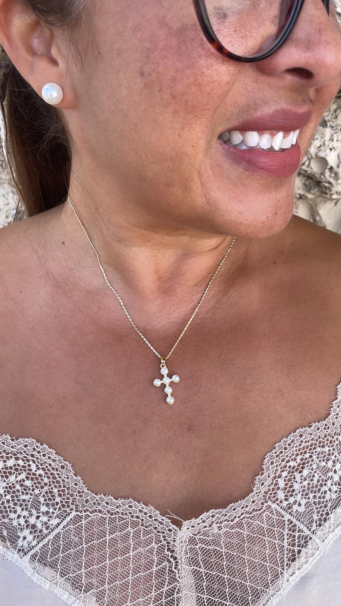 18k Gold Filled Beaded Pearl Cross Pendant