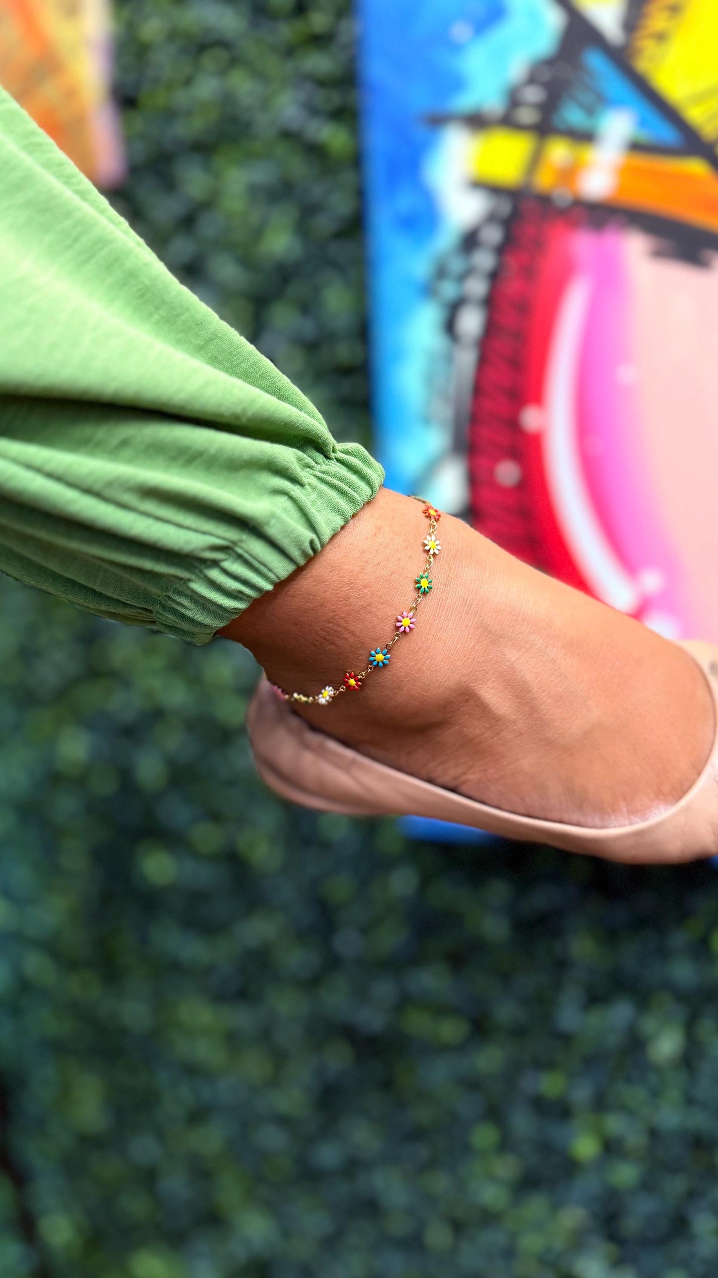 18k Gold Filled Colorful Enamel Multicolored Flower-Patterned Anklet, Summer Jewlery Nature Jewlery, For Her, For Girl