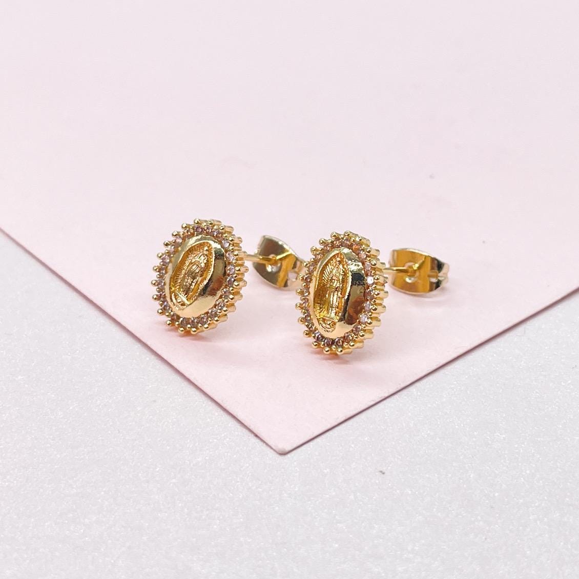 18k Gold Filled Virgin Mary Studs Crowned with CZ Stones