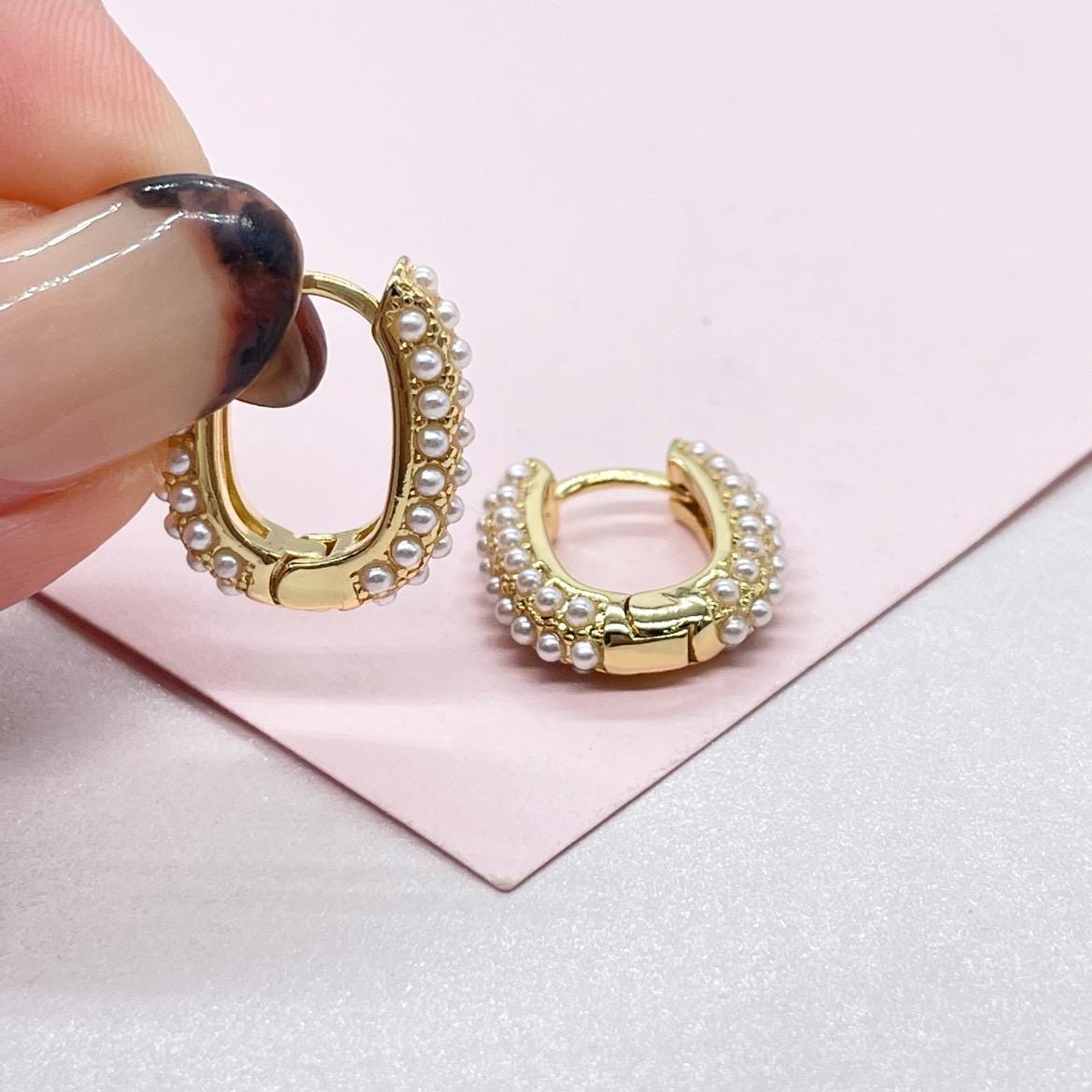 18k Gold Filled Pearl Beaded Oval Hoop Earrings