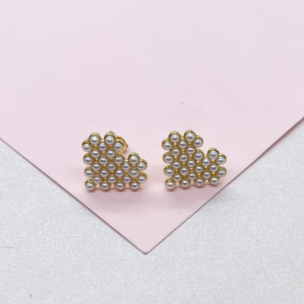 18k Gold Filled Bead Heart Shaped Stud Earrings