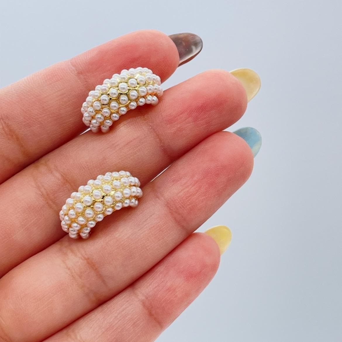 18k Gold Filled Chunky Puffy C-Hoops with Baby Pearls Engraved