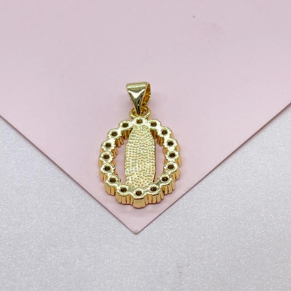 18k Gold Filled Engraved Virgin of Mary Charm Crowned with Round CZ Stones