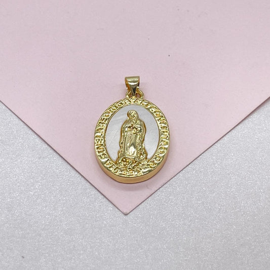 18k Gold Filled Engraved Virgin of Mary Charm with Mother of Pearl