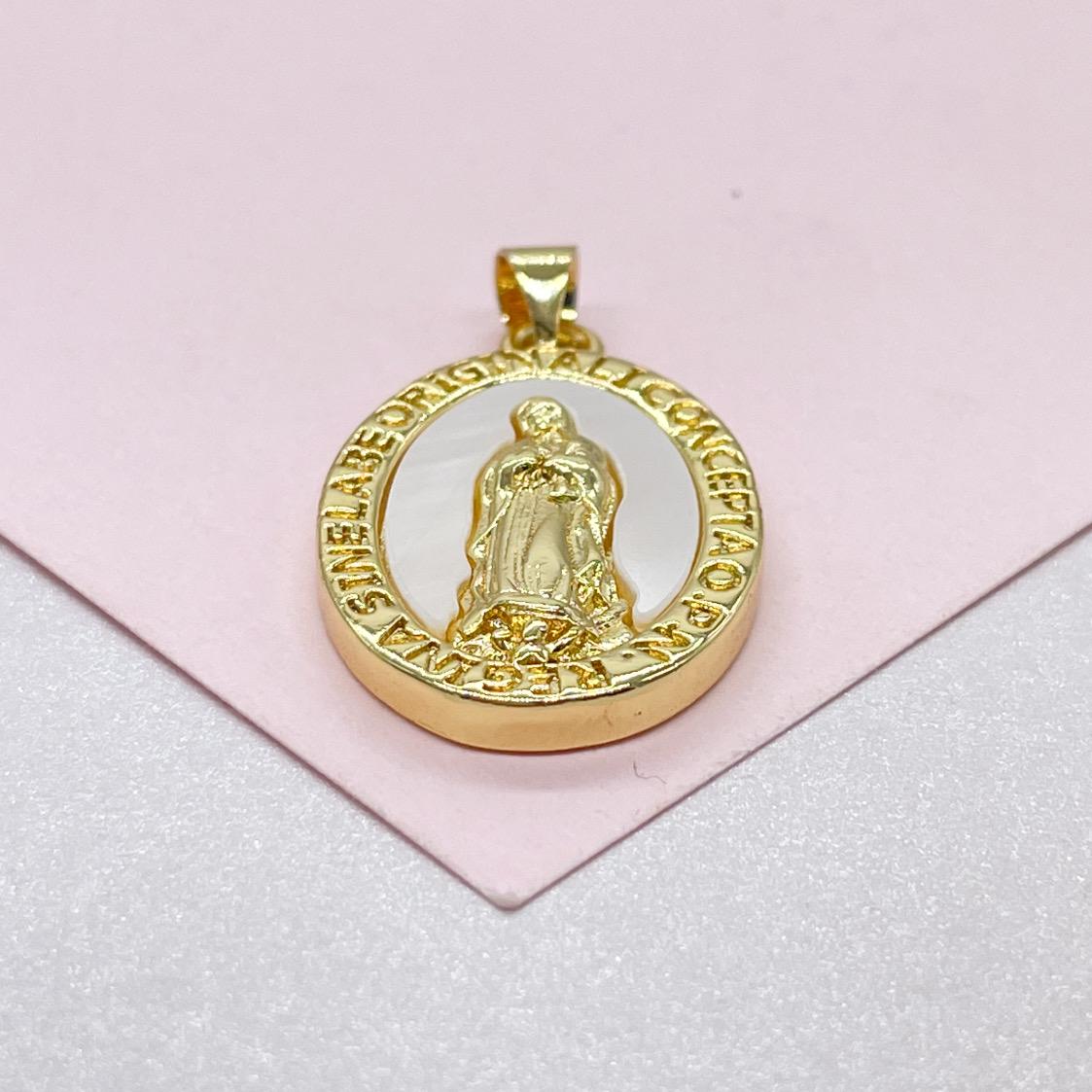 18k Gold Filled Engraved Virgin of Mary Charm with Mother of Pearl
