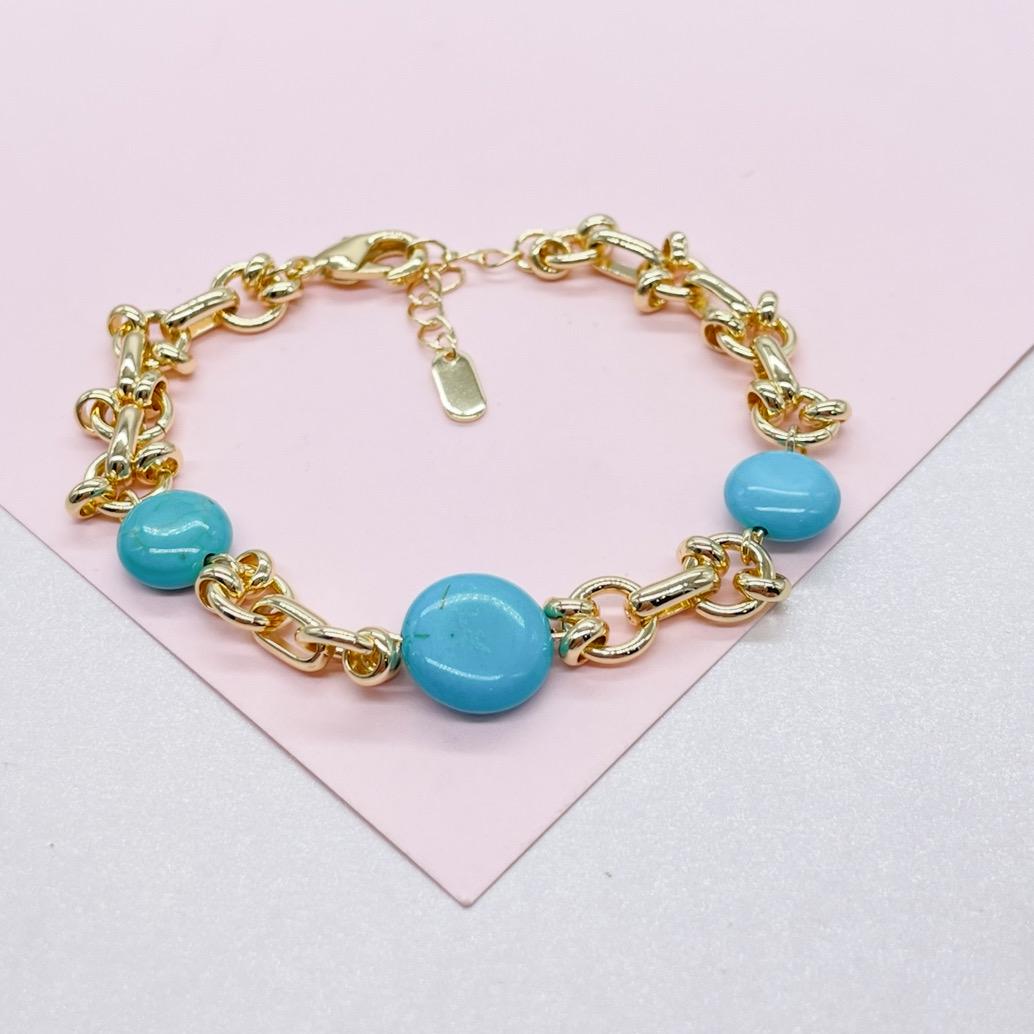 18k Gold Filled Specialty Link Bracelet with Turquoise Disks