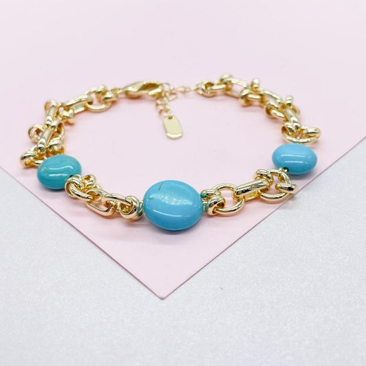 18k Gold Filled Specialty Link Bracelet with Turquoise Disks