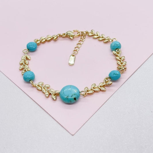 18k Gold Filled Fishtail Link Bracelet with Turquoise Beads