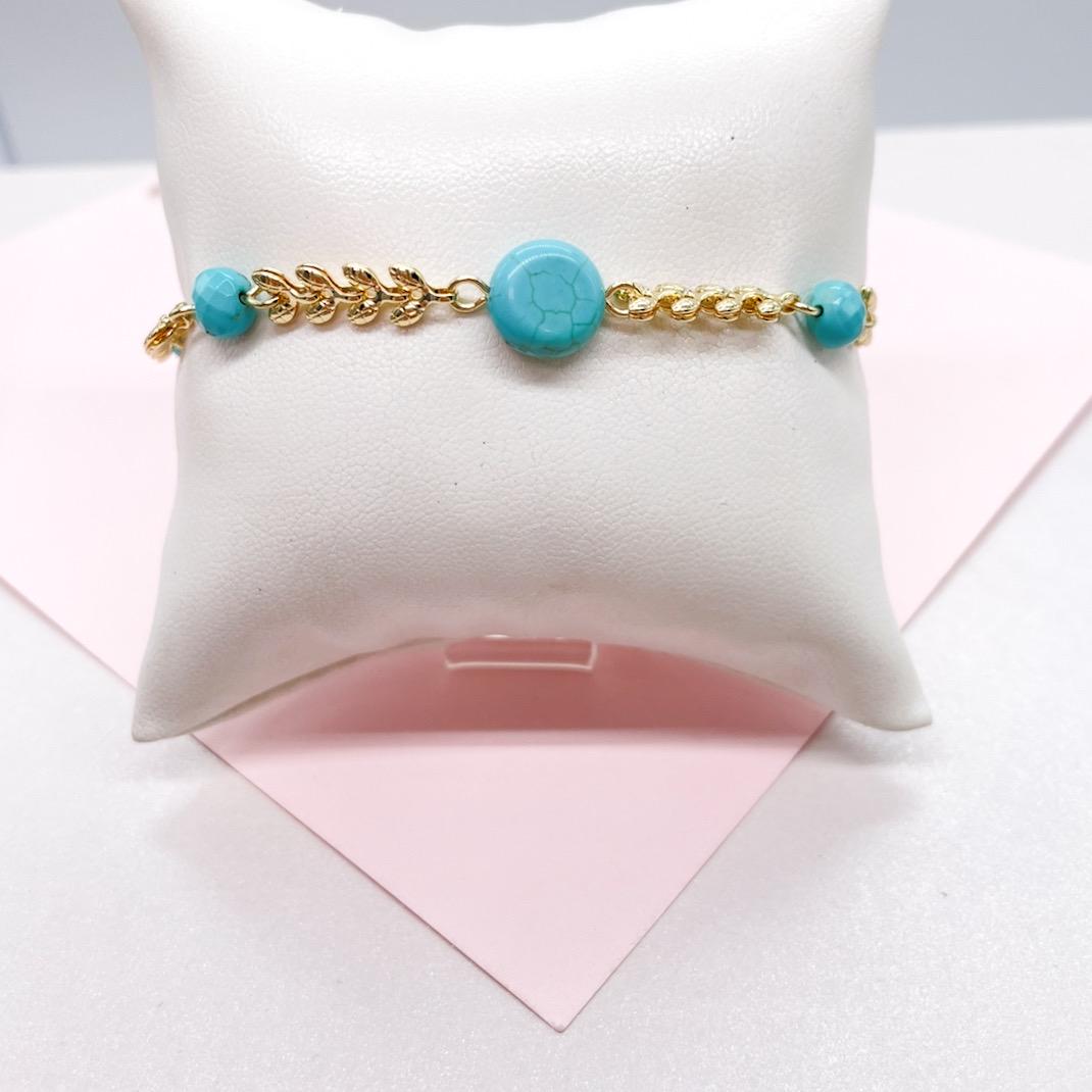 18k Gold Filled Fishtail Link Bracelet with Turquoise Beads