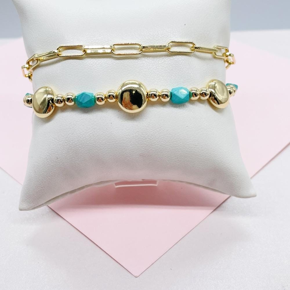 18k Gold Filled Double Bracelet with Paper Clip Link and Beaded Turquoise Stones