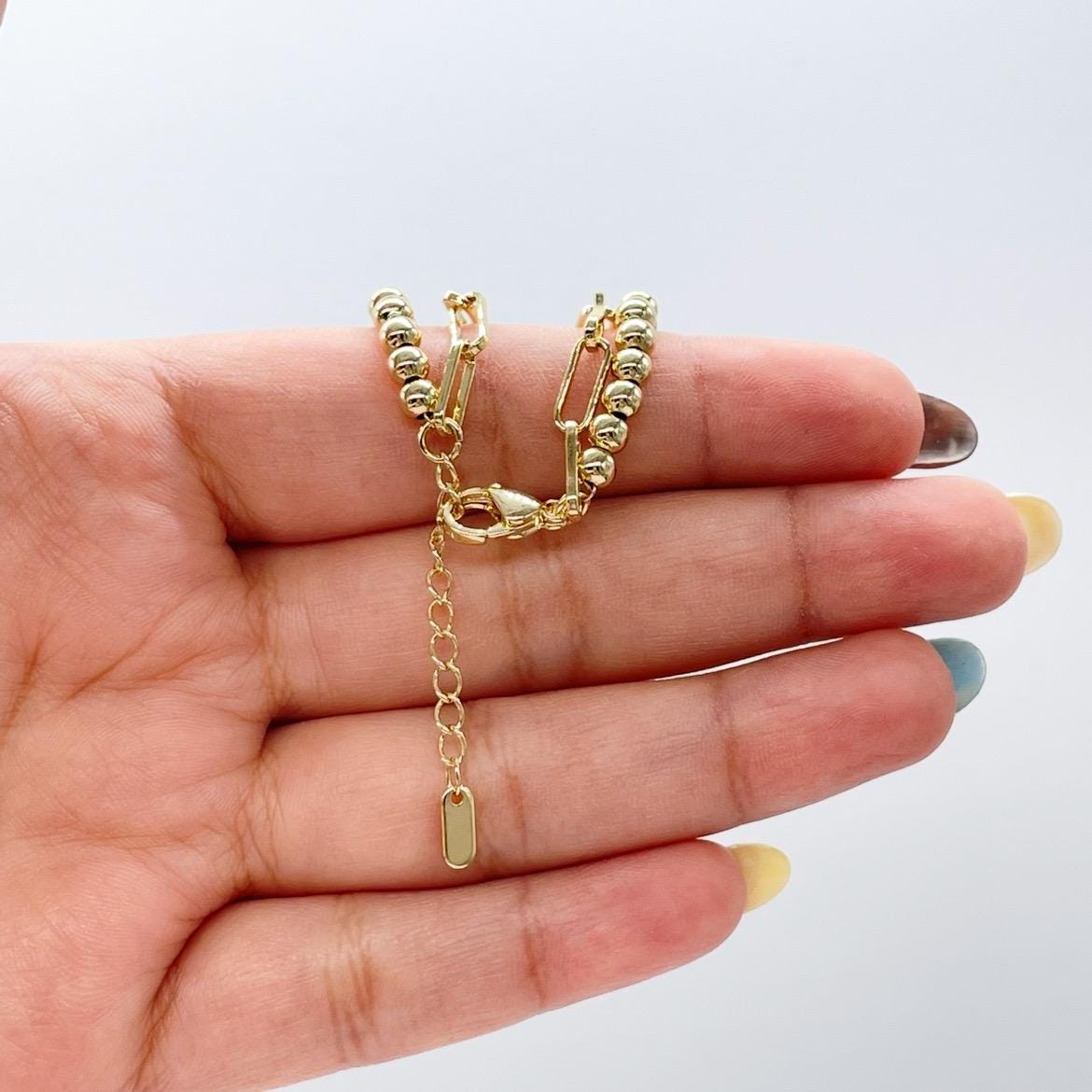 18k Gold Filled Double Bracelet with Paper Clip Link and Beaded Turquoise Stones