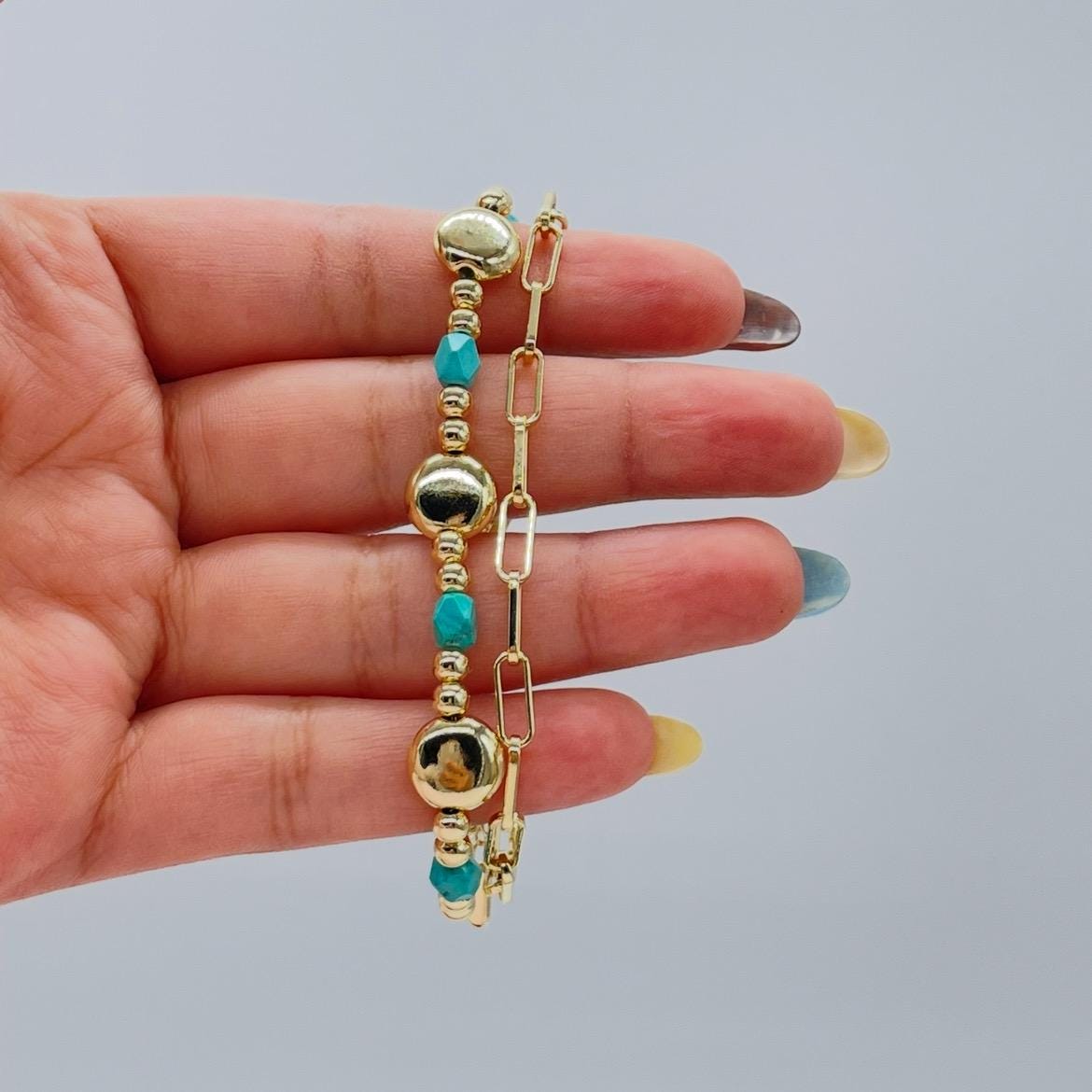 18k Gold Filled Double Bracelet with Paper Clip Link and Beaded Turquoise Stones