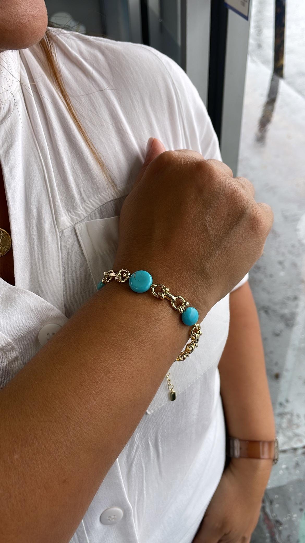 18k Gold Filled Specialty Link Bracelet with Turquoise Disks
