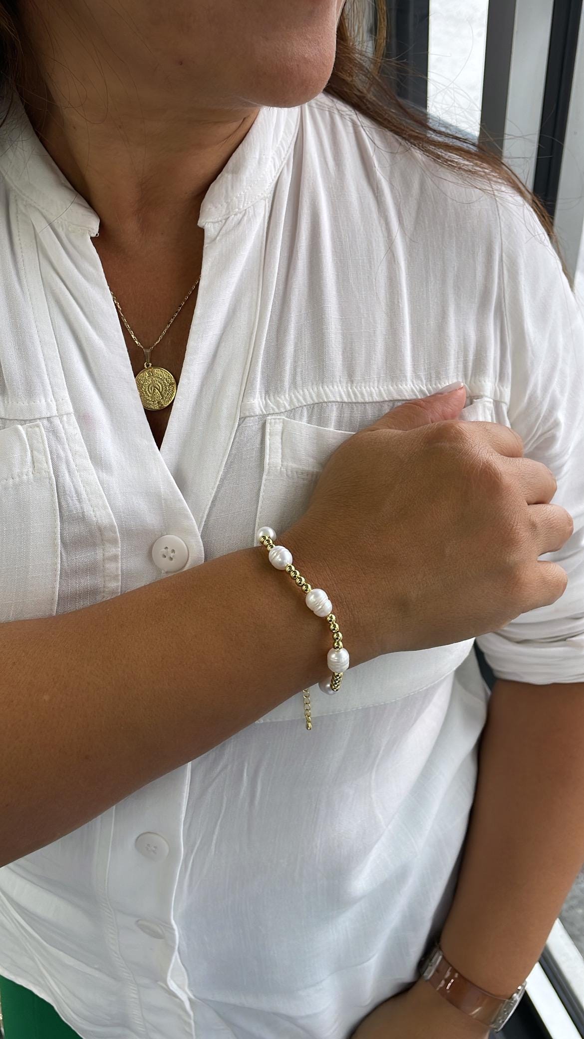 18k Gold Filled Beaded Freshwater Pearl Bracelet with extender