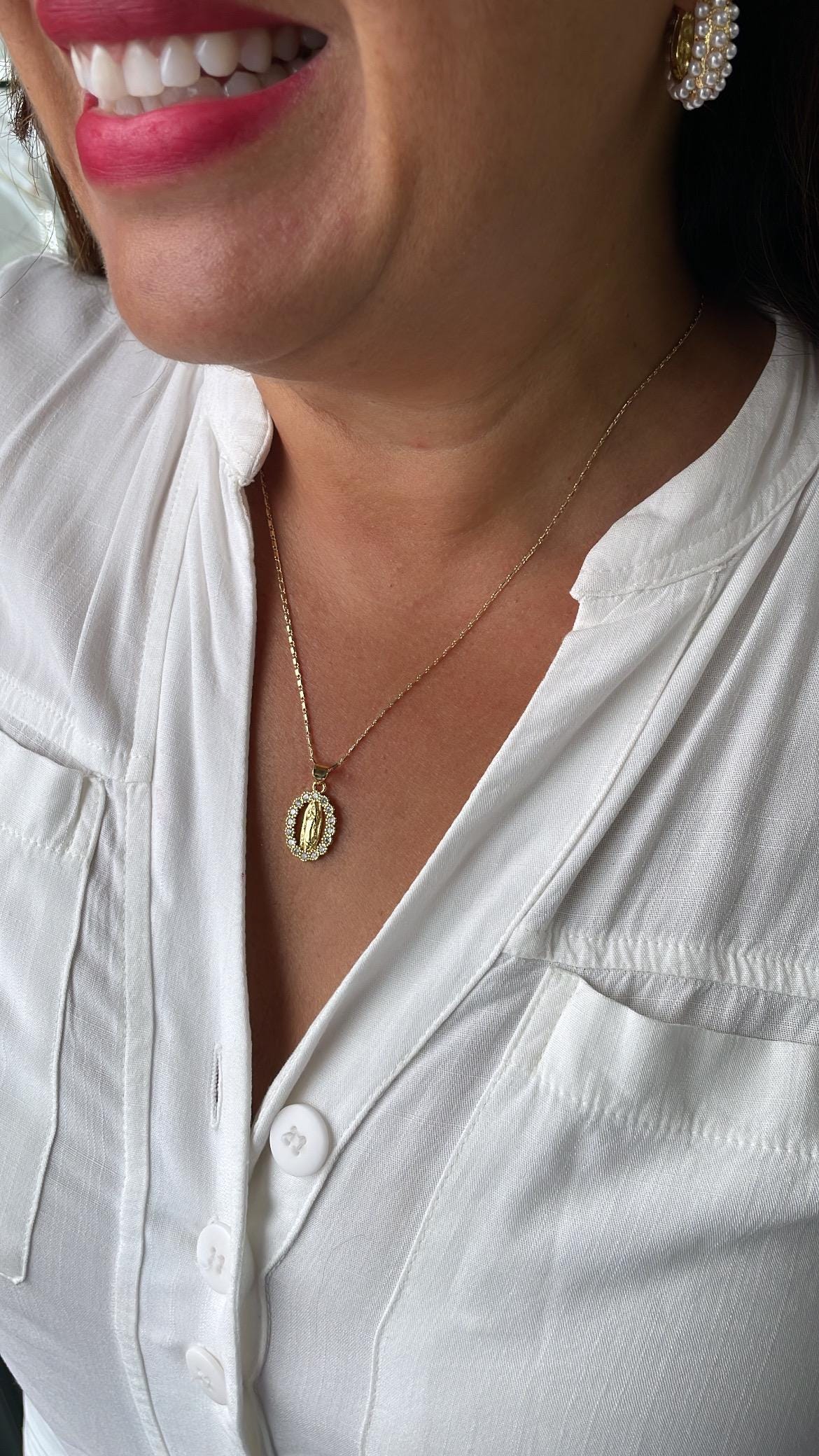 18k Gold Filled Engraved Virgin of Mary Charm Crowned with Round CZ Stones