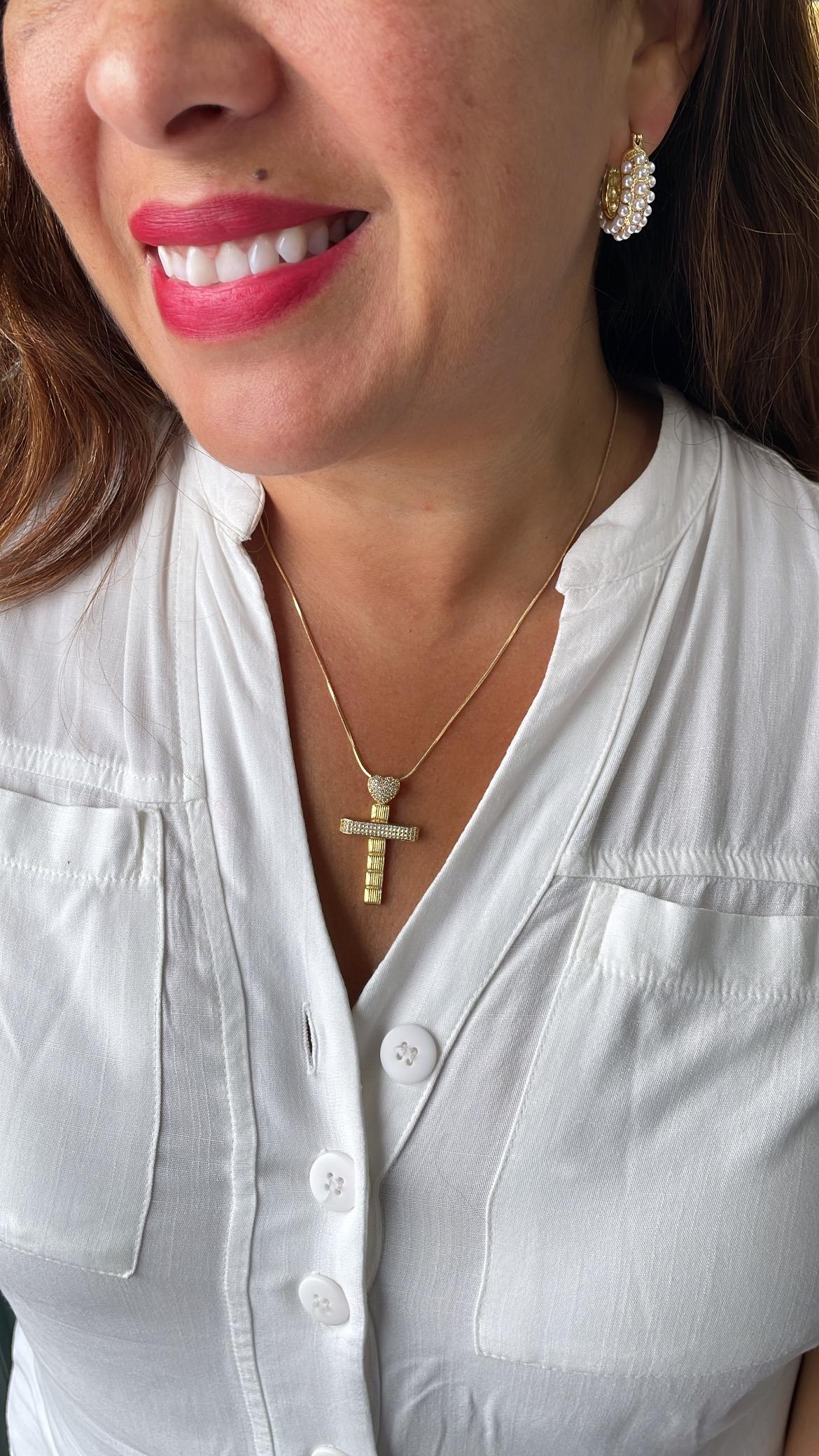18k Gold Filled CZ Crucifix Pendant with Engraved with Cubic Zirconia and Topped with CZ Heart