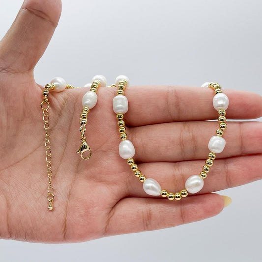 18k Gold Filled Gold Bead and Synthetic Saltwater Pearl Choker