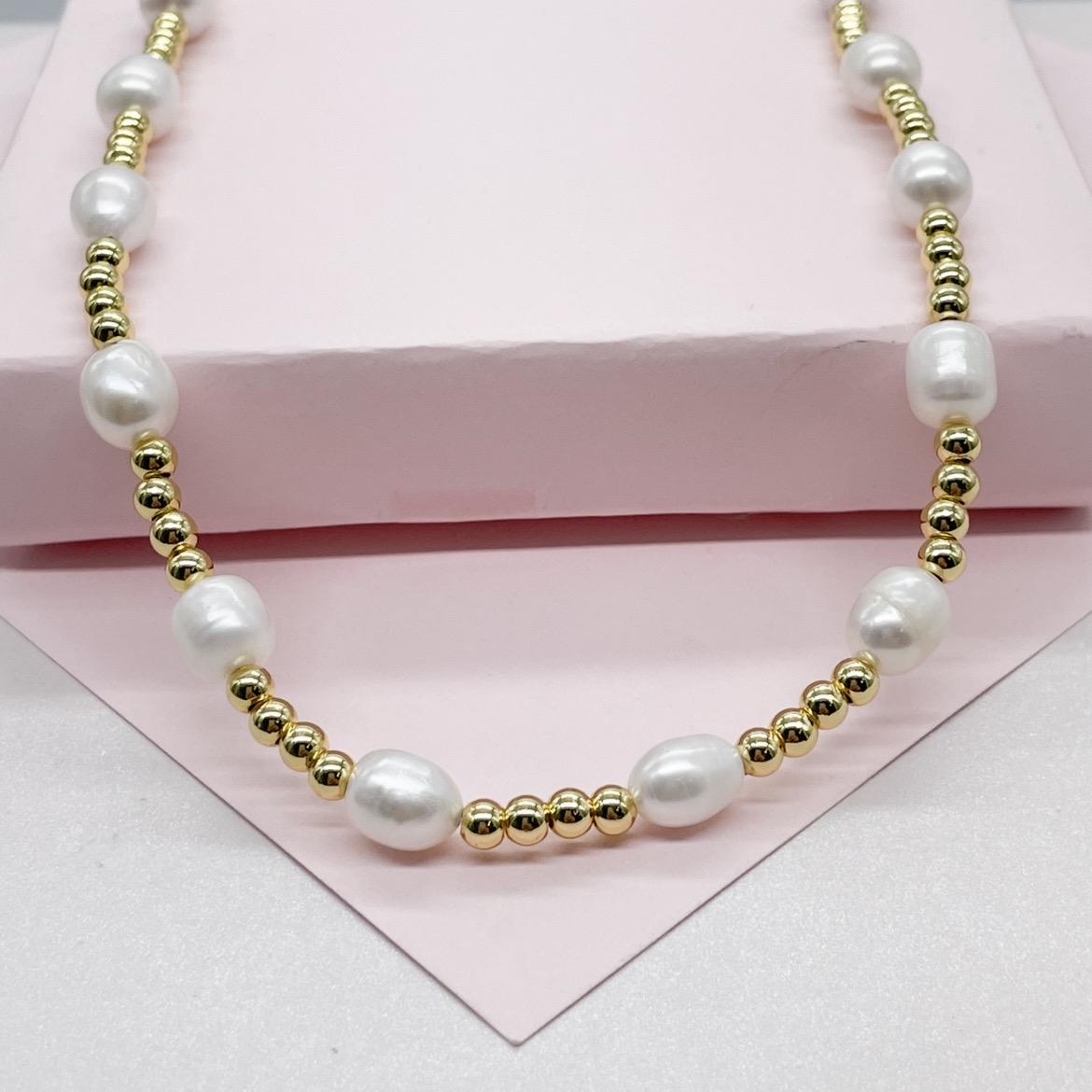 18k Gold Filled Gold Bead and Synthetic Saltwater Pearl Choker