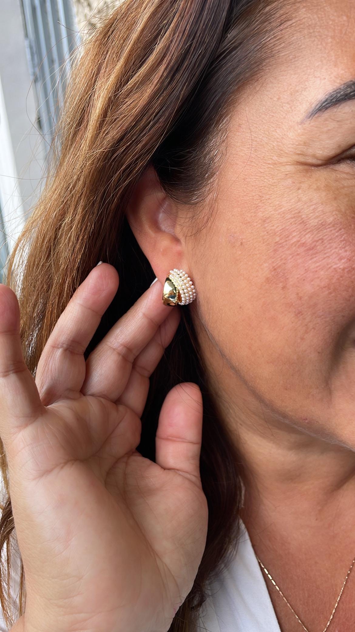 18k Gold Filled Chunky Puffy C-Hoops with Baby Pearls Engraved