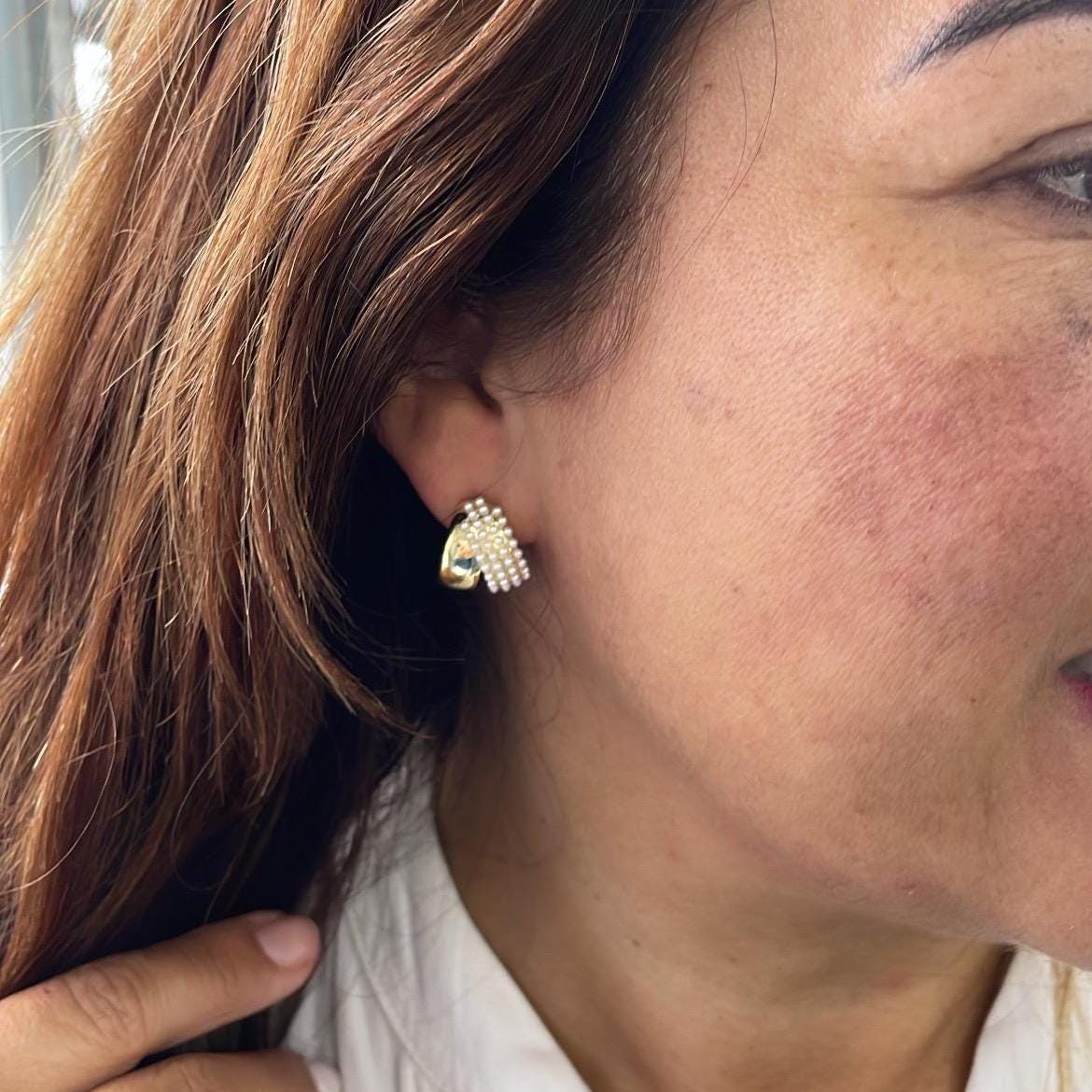 18k Gold Filled Chunky Puffy C-Hoops with Baby Pearls Engraved