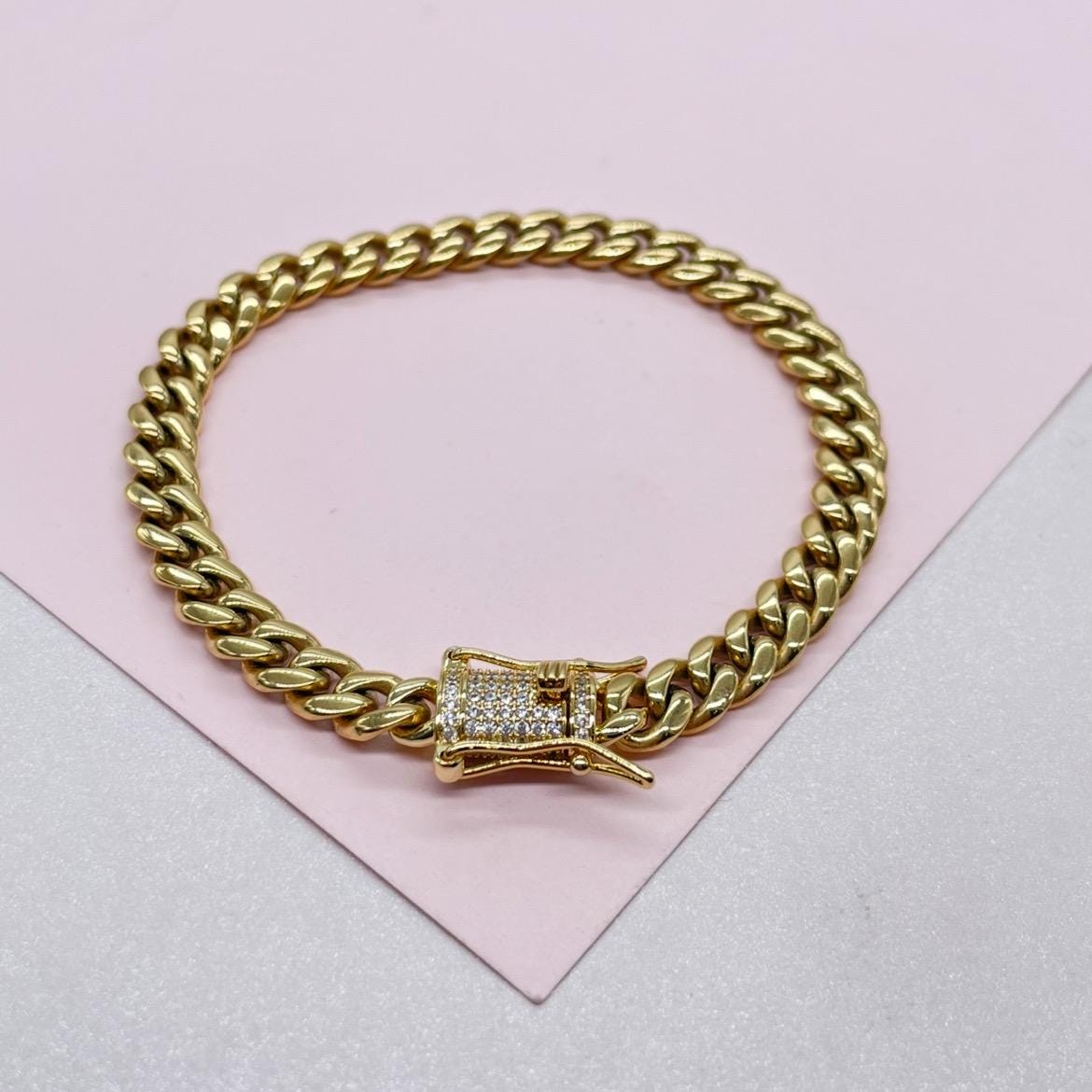 14k Gold Filled 6mm Thick Cuban Curb Link Chain Necklace Featuring Special CZ Box Clasp, Available in Bracelet