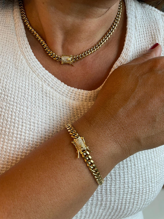 14k Gold Filled Cuban Curb Chain Necklace: CZ Box Clasp, Stainless Steel Base