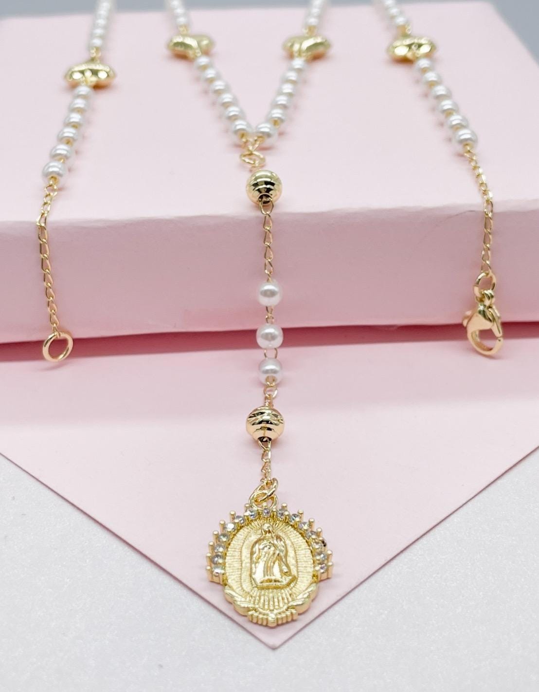 18k Gold Filled White Simulated Pearl Beaded Rosary With Hearts and Small Lady of Grace Medal