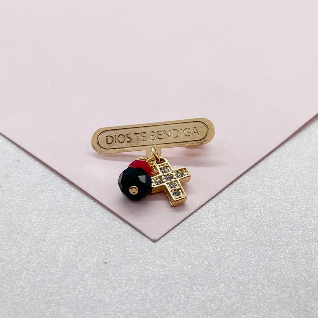 18k Gold Filled "Dios Te Bendiga" Broche with Simulated Azabache Stone and Mini CZ Cross