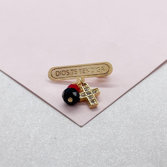 18k Gold Filled "Dios Te Bendiga" Broche with Simulated Azabache Stone and Mini CZ Cross