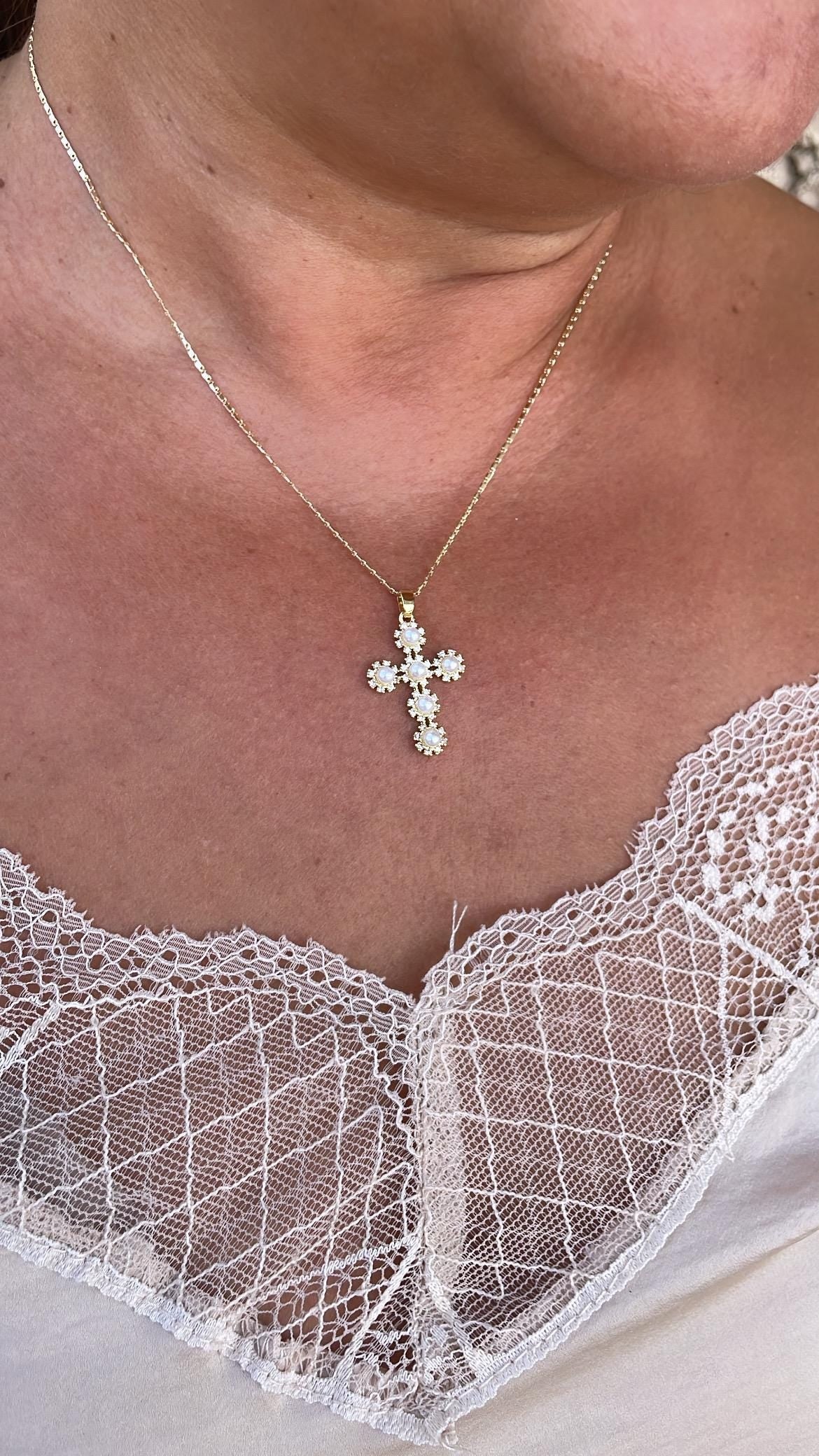 18k Gold Filled Beaded Pearl Cross Pendant Crowned with Pave CZ
