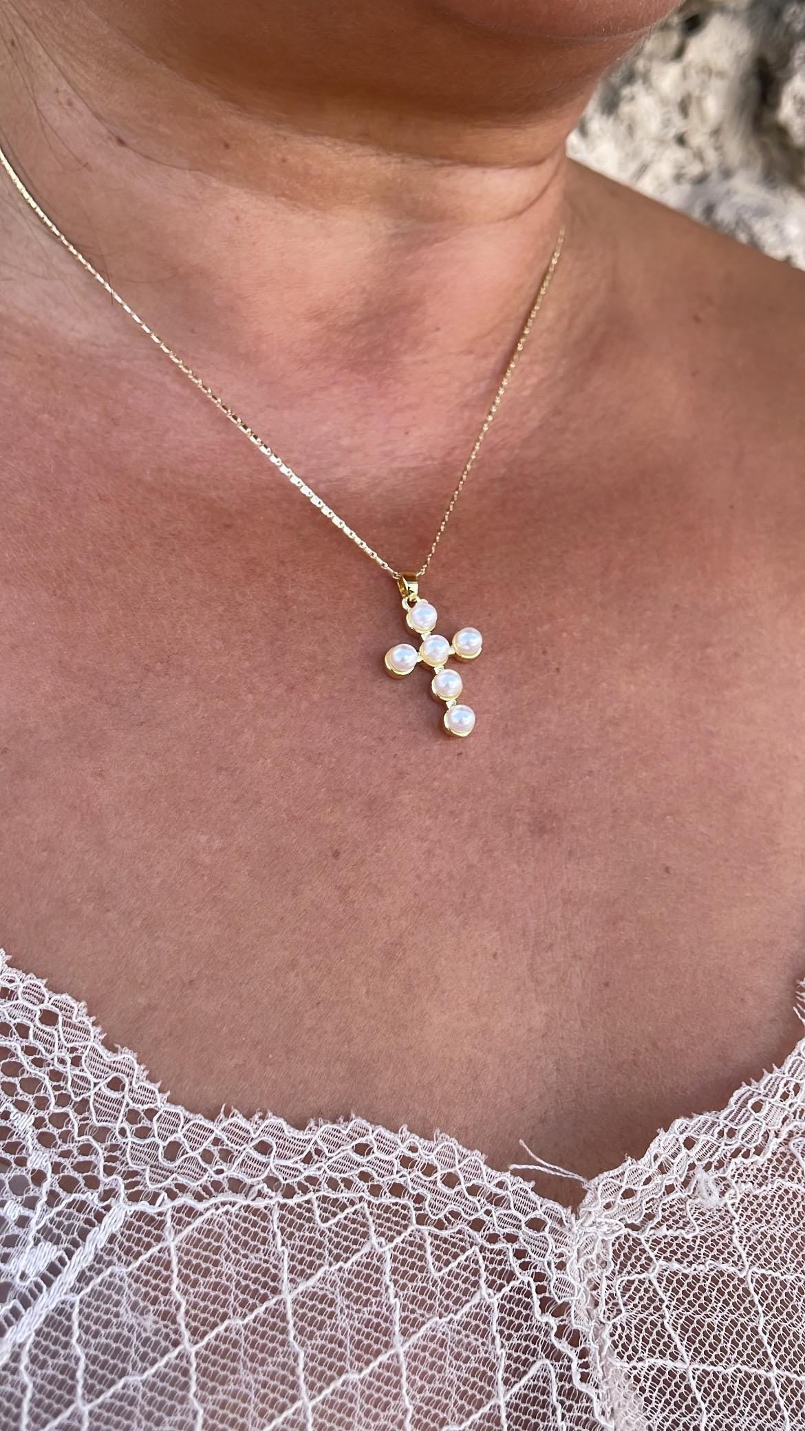 18k Gold Filled Beaded Pearl Cross Pendant