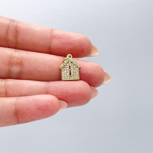 18k Gold Filled Mini House Charm with Key Whole CZ Pave