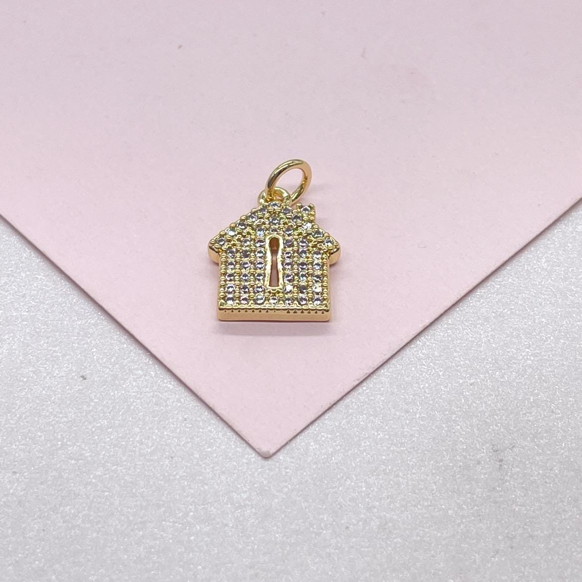 18k Gold Filled Mini House Charm with Key Whole CZ Pave