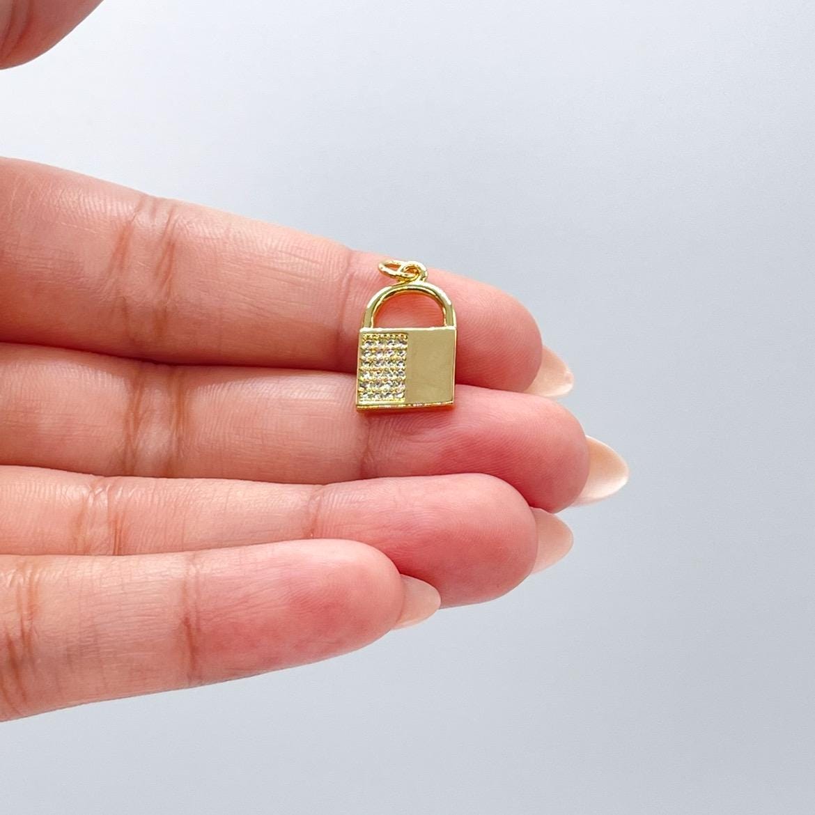 18k Gold Filled Lock Charm with Half Cubic Zirconia and Smooth Gold Surface
